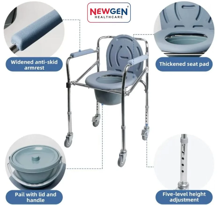 Commode Chair with Wheels (NEWGEN Healthcare) – Wheelchairs available at Khattri Surgicals, Kanpur