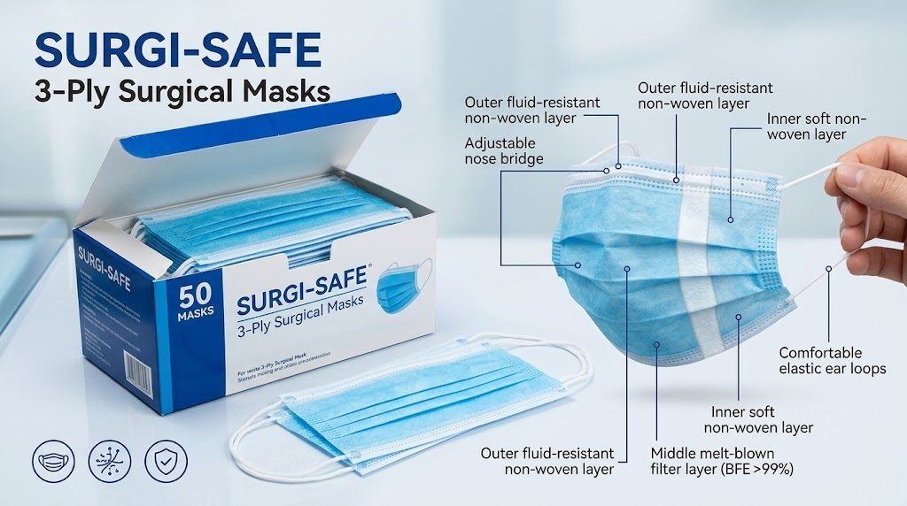 3-Ply Surgical Mask – Face Masks & PPE available at Khattri Surgicals, Kanpur