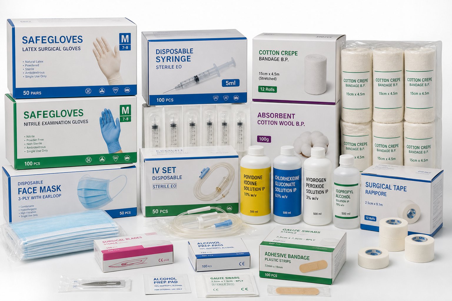 Clinic Consumables – Gloves, syringes, IV sets, bandages, antiseptics & PPE available at Khattri Surgicals, Kanpur
